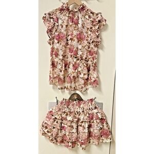Meet Me In Santorini Women Size Small Skirt Set Floral Silky Ruffled Tiered Mini